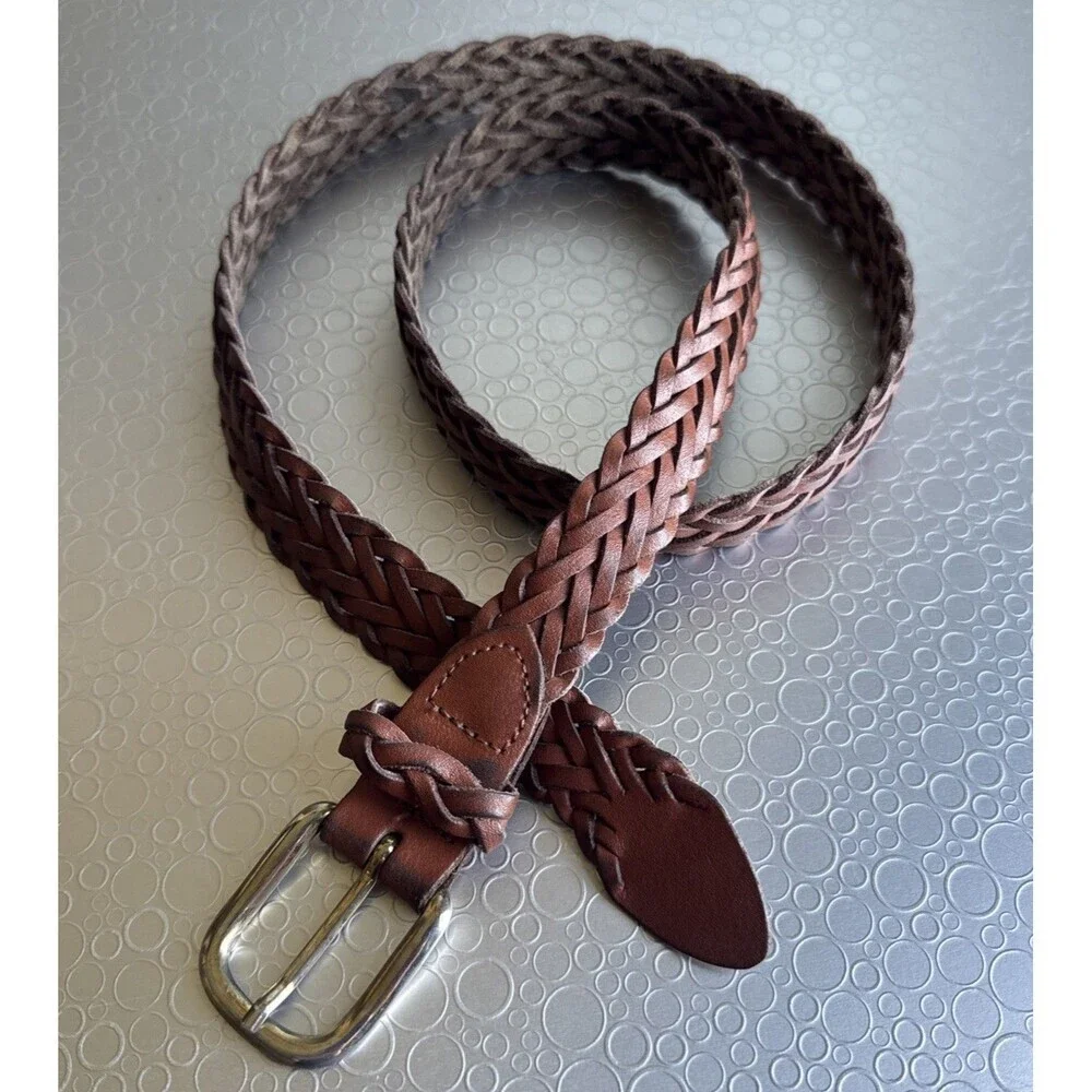 Vintage Argentina Braided Leather Belt Womens L XL 34 36 Brown Woven Skinny 1”
